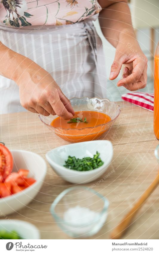 Frau bereitet eine Gazpacho vor Gemüse Suppe Eintopf Kräuter & Gewürze Abendessen Vegetarische Ernährung Diät Schalen & Schüsseln Tisch Küche Erwachsene Hand