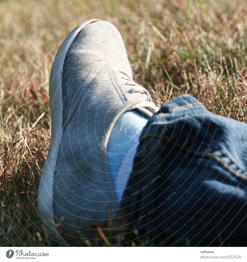 Happy Foot Lifestyle Stil Freundschaft Beine Fuß 1 Mensch Natur Sommer Schönes Wetter Gras Wiese Jeanshose Schuhe hocken blau grau Stimmung Einsamkeit Farbfoto