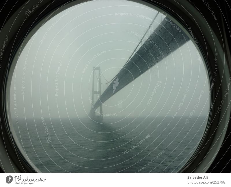 Lazin on a foggy afternoon Brücke Verkehrswege Kreuzfahrtschiff Bullauge lang trist grau ästhetisch Oeresund Brücke Color Line Nebel Hängebrücke