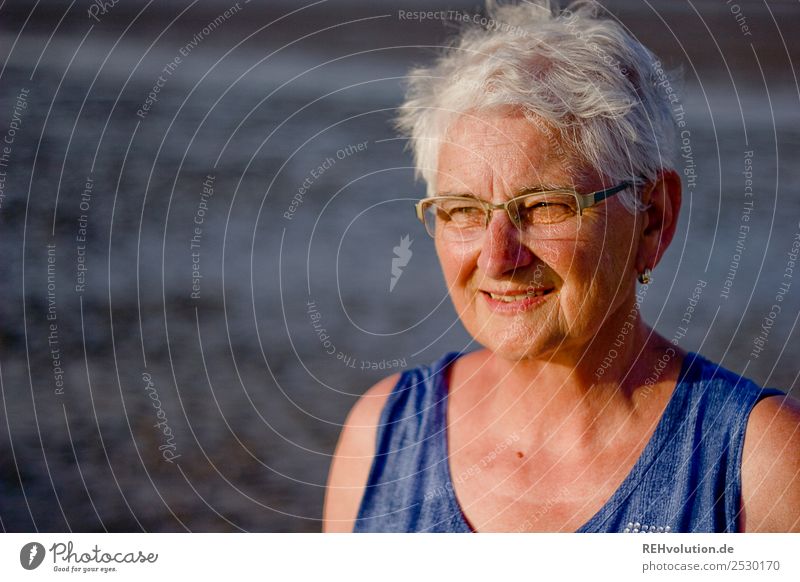 Seniorin im Sommerurlaub am Wattenmeer Strand Nordsee Meer 60 und älter 1 Gesicht Kopf Leben Großmutter Weiblicher Senior Erwachsene Umwelt Blick nach vorn