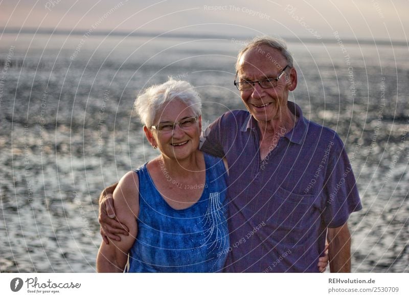 Seniorenpaar lacht im Watt Ferien & Urlaub & Reisen Sommer Sommerurlaub Strand Meer Mensch maskulin feminin Frau Erwachsene Mann Weiblicher Senior