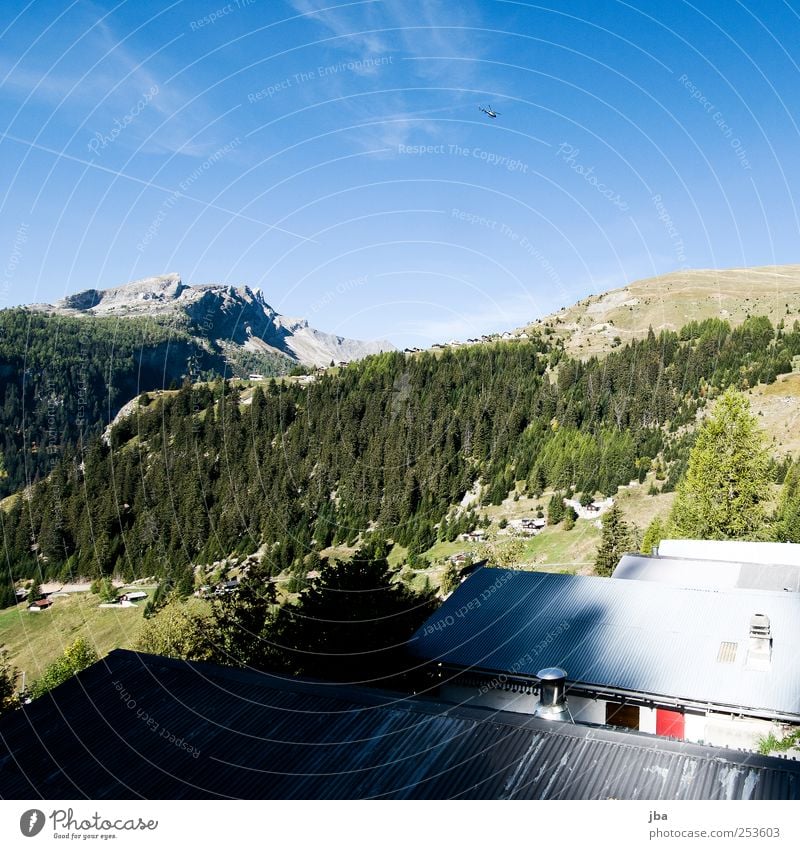 Bergtal Ferne Sommer Berge u. Gebirge wandern Haus Dach Wellblech Natur Landschaft Himmel Herbst Schönes Wetter Baum Nadelwald Bergwald Wald Felsen Alpen