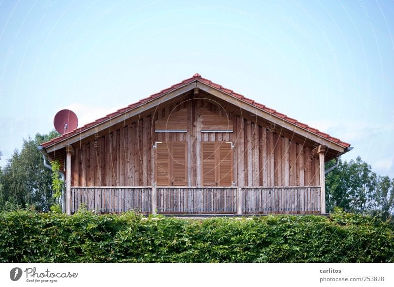 Puppenstubenhausen Wolkenloser Himmel Sommer Schönes Wetter Haus Mauer Wand Fassade Balkon Dachrinne Satellitenantenne eckig Hecke Baum Fensterladen Holz