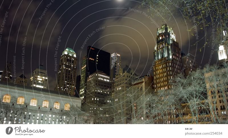 Nighthatten Himmel Wolken Mond Schönes Wetter Baum Park New York City Bryant Park Stadt Skyline Gebäude Hochhaus Sehenswürdigkeit leuchten schlafen