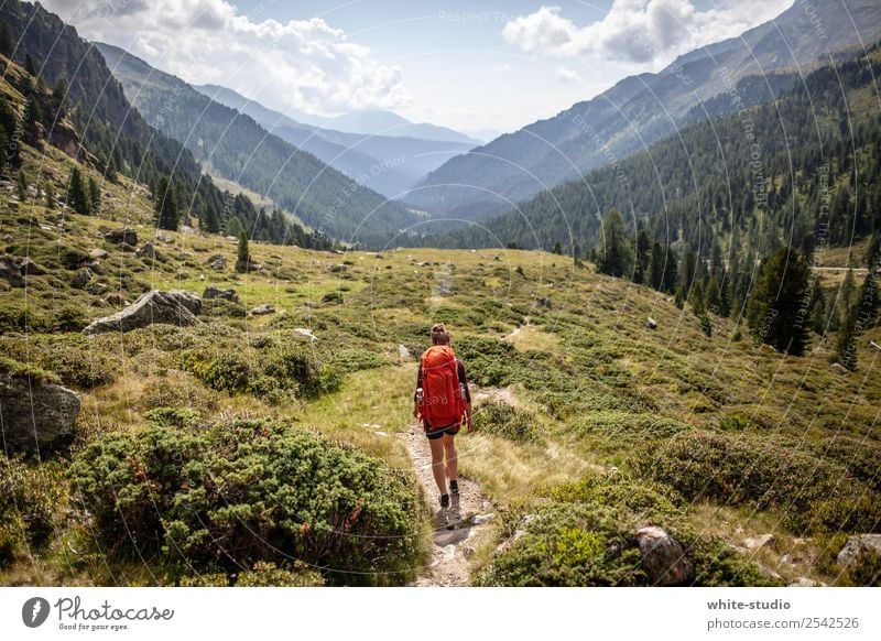 Traumlandschaft Frau Erwachsene wandern Rucksack Rucksacktourismus Rucksackurlaub Wandertag Wanderausflug Spaziergang Gesundheit Fußweg Wanderpfad Tal