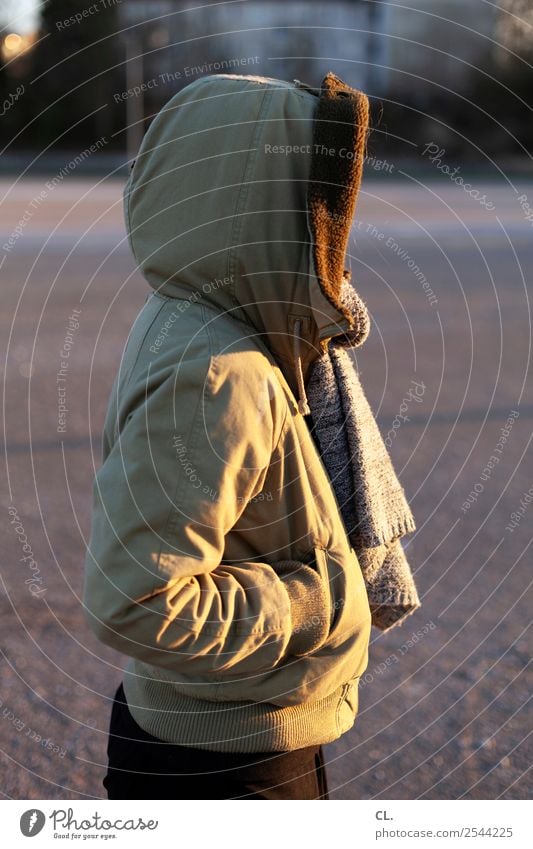 kapuze Mensch feminin Junge Frau Jugendliche Erwachsene Leben 1 Sonnenlicht Winter Eis Frost Platz Mode Bekleidung Jacke Stoff Schal Kapuze beobachten stehen