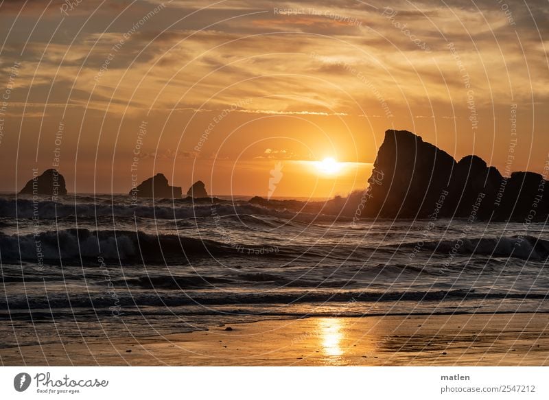 Sommerabend Natur Landschaft Himmel Wolken Horizont Sonnenaufgang Sonnenuntergang Schönes Wetter Wind Felsen Wellen Küste Strand Bucht Meer eckig exotisch