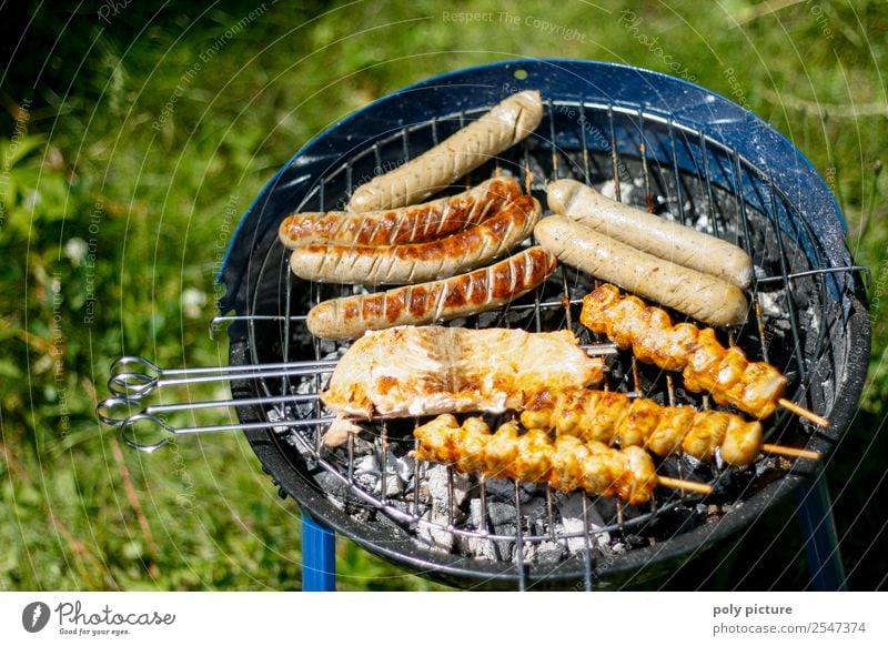 Grillsaison ruhig Camping Sommer Sommerurlaub Feste & Feiern Essen Freude Glück Grillen Bratwurst Lachsfilet Grillspieß Fleischspieß Sojabohnenkeimlinge