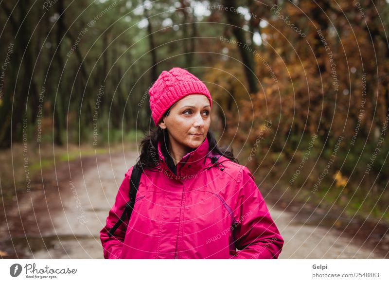 Reife Frau Lifestyle schön Freiheit Winter wandern Mensch Erwachsene Natur Herbst Baum Blatt Park Wald Wege & Pfade Mode Hut brünett lang natürlich niedlich