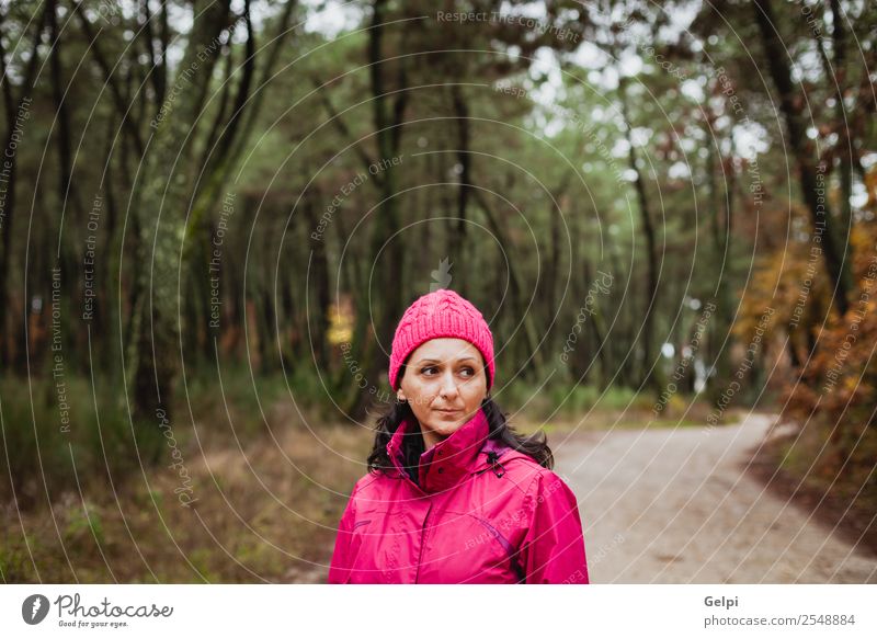 Gereifte Frau mit wollrosa Hut im Wald Lifestyle schön Gesicht Freiheit Winter Mensch Erwachsene Natur Herbst Baum Blatt Park Mode brünett lang natürlich