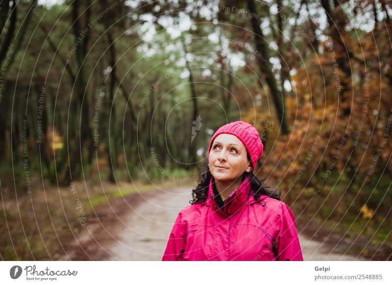 Gereifte Frau mit wollrosa Hut im Wald Lifestyle schön Freiheit Winter wandern Mensch Erwachsene Natur Herbst Baum Blatt Park Wege & Pfade Mode brünett lang