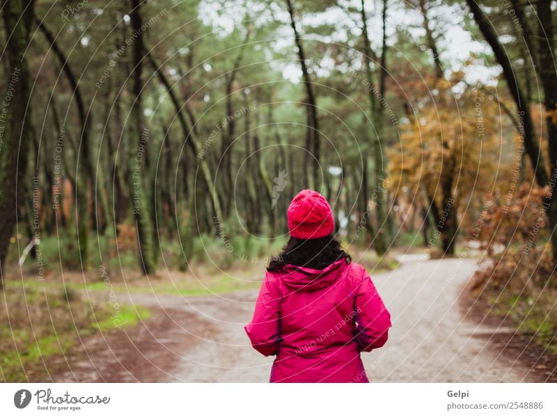 Reife Frau Lifestyle schön Gesicht Freiheit Winter Mensch Erwachsene Natur Herbst Baum Blatt Park Wald Wege & Pfade Mode Hut brünett natürlich niedlich rosa