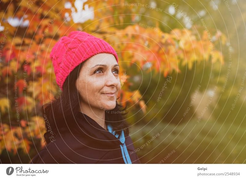 Gereifte Frau mit rosa Wollhut im Wald Lifestyle schön Gesicht Freiheit Mensch Erwachsene Natur Herbst Baum Blatt Park Mode Hut brünett lang natürlich niedlich