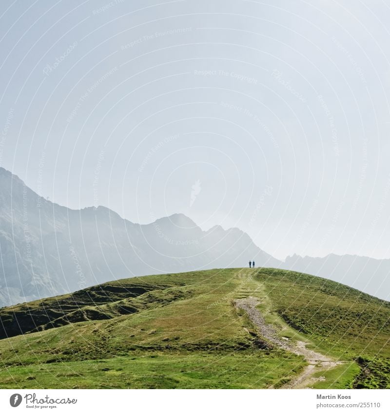 Gipfeltreffen Mensch Paar Partner 2 Natur Landschaft Wiese Hügel Felsen Alpen Berge u. Gebirge Wege & Pfade Gefühle Stimmung Zusammensein Ausdauer Partnerschaft