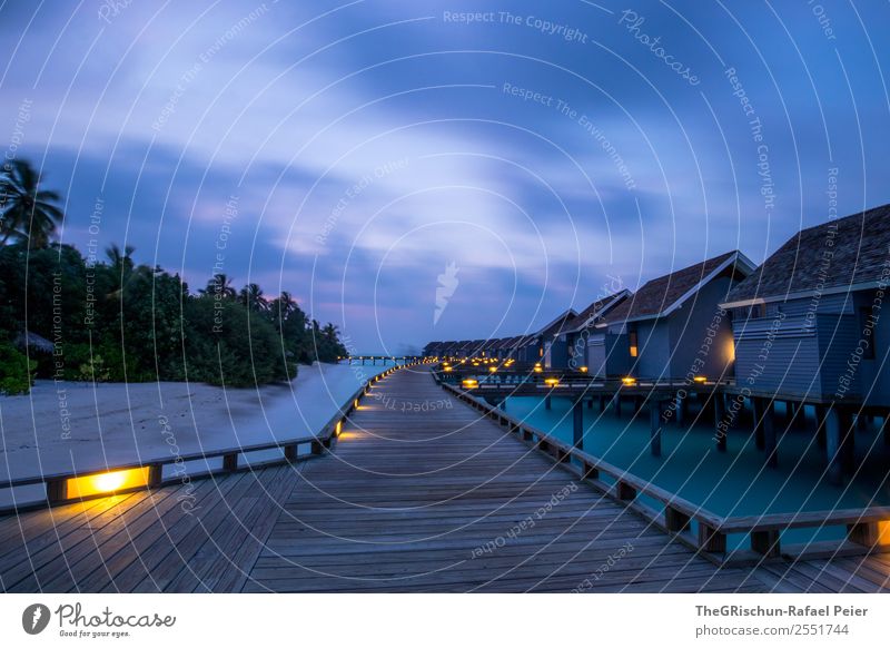 Lichter Natur blau gelb türkis weiß Malediven Steg Holz Erholung Ferien & Urlaub & Reisen Strand Sand Meer ruhig Stimmung Sonnenuntergang Palme kuramathi