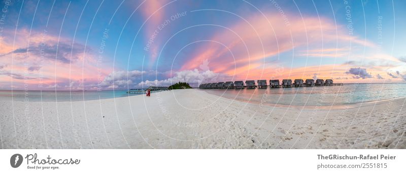 Panorama Natur blau violett orange rosa weiß Panorama (Bildformat) Wolken Stimmung mehrfarbig Malediven Paradies Sand Strand Wasser Meer Haus kuramathi