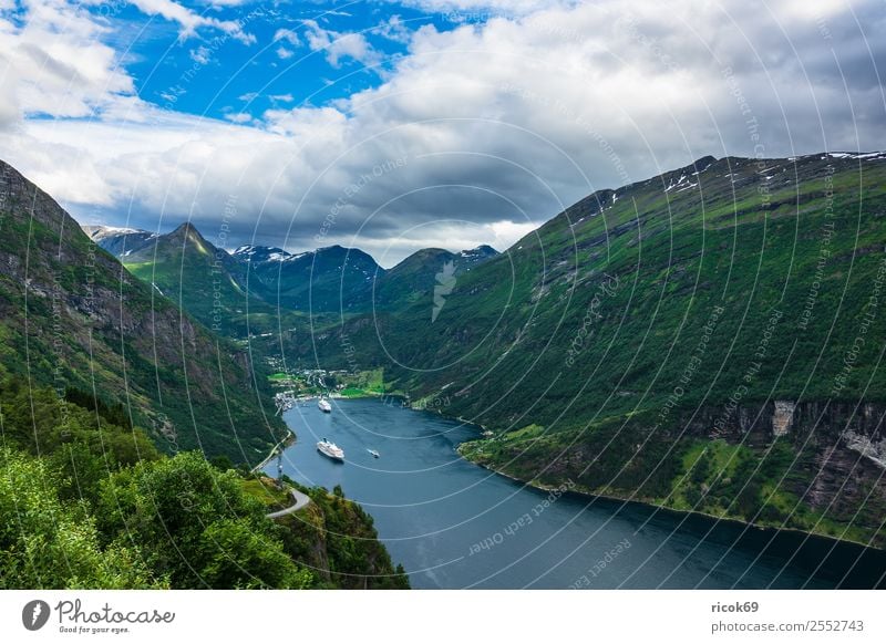 Blick auf den Geirangerfjord in Norwegen Erholung Ferien & Urlaub & Reisen Tourismus Kreuzfahrt Berge u. Gebirge Natur Landschaft Wasser Wolken Baum Felsen