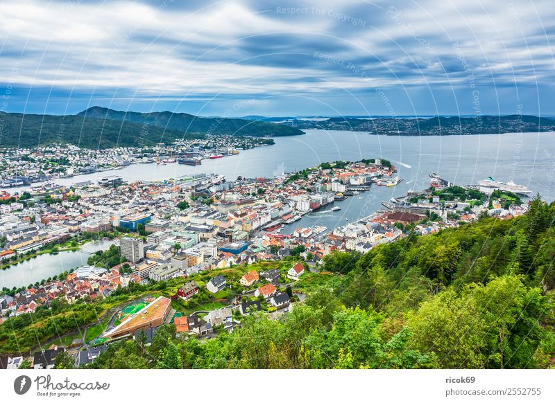 Blick auf die Stadt Bergen in Norwegen Erholung Ferien & Urlaub & Reisen Tourismus Meer Berge u. Gebirge Haus Natur Landschaft Wasser Baum Wald Hügel Hafen