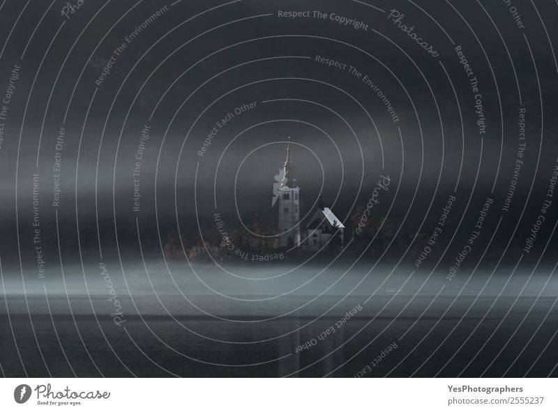 Kirche auf Bled Island bei Nebel Winter Natur Landschaft Wetter Insel See Gebäude Wahrzeichen alt historisch einzigartig kalt Idylle geblutet Slowenien