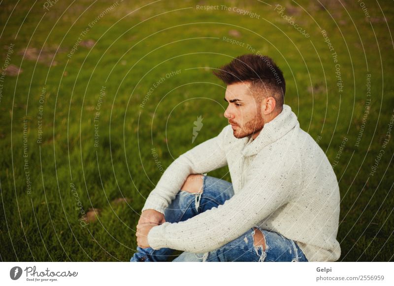 Attraktiver Kerl Lifestyle Stil Mensch Junge Mann Erwachsene Landschaft Gras Wiese Mode Vollbart Denken Coolness Erotik trendy modern stark Typ jung