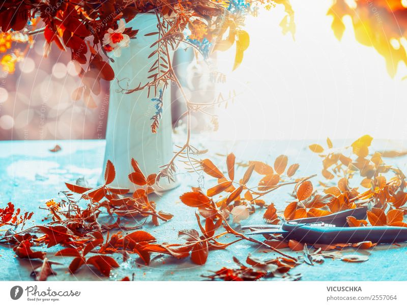 Herbst Laubblätter, Vase und Schere auf dem Tisch Lifestyle Stil Design Häusliches Leben Wohnung Haus Traumhaus Garten Innenarchitektur Dekoration & Verzierung