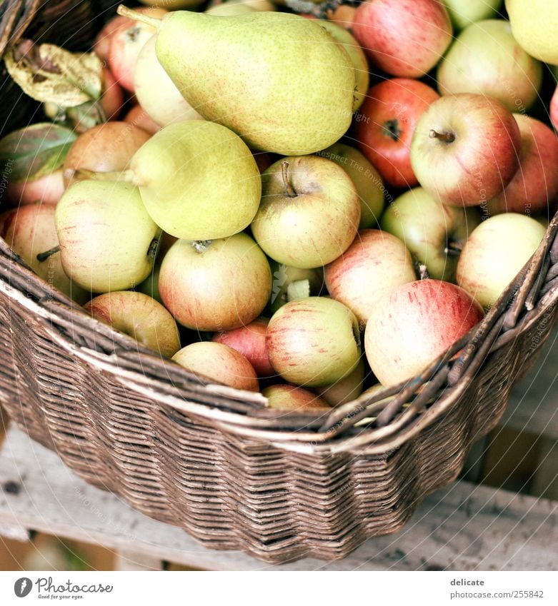 Apfelkorb Frucht Umwelt Natur Sommer Herbst Pflanze Blatt Garten Kasten hängen liegen Gesundheit lecker süß braun gelb grün rot Appetit & Hunger Genusssucht