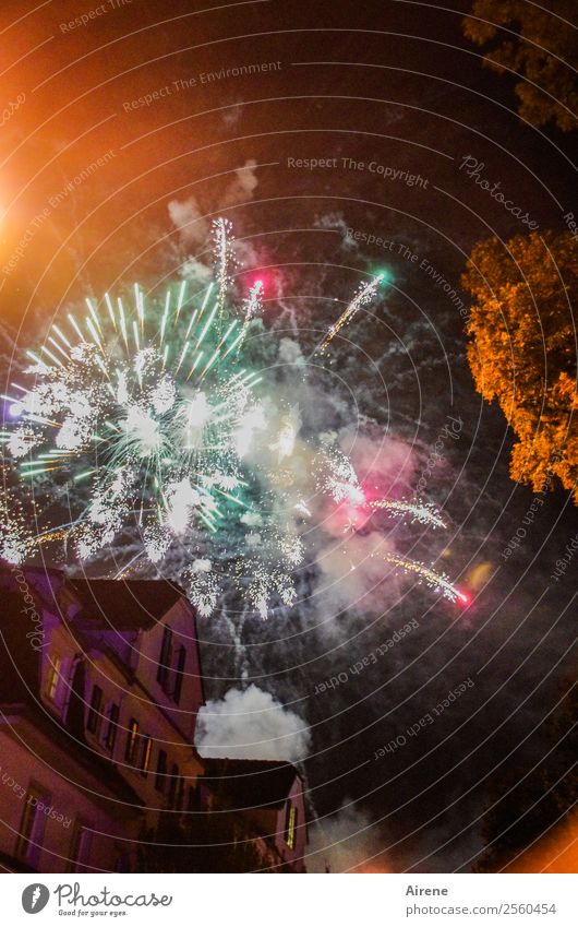 Rauchentwicklung rot grün Silvester Jahrmarkt Feuerwerk Himmel Altstadt glänzend leuchten Fröhlichkeit weiß Freude Farbe explodieren Knall Nacht Kunstlicht