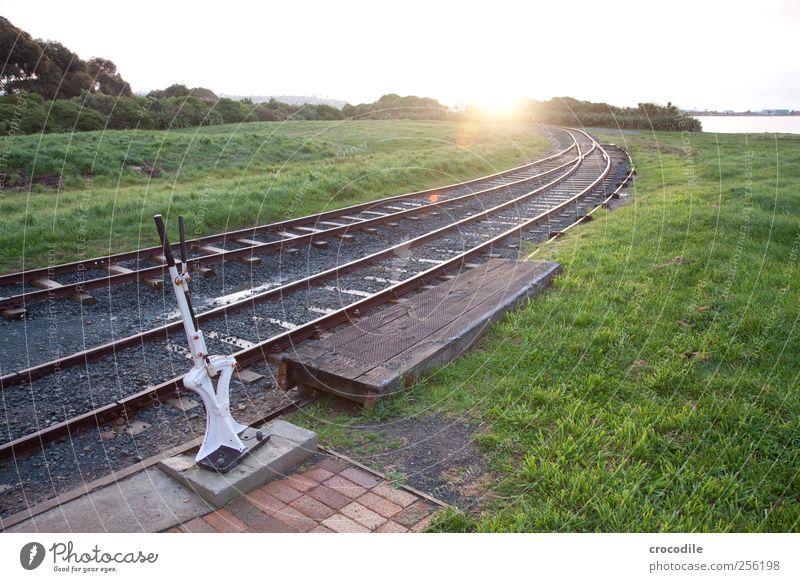 New Zealand 169 Umwelt Wiese Hügel Verkehr Verkehrswege Güterverkehr & Logistik Bahnfahren Schienenverkehr Bahnsteig Gleise Weiche Zufriedenheit Farbfoto