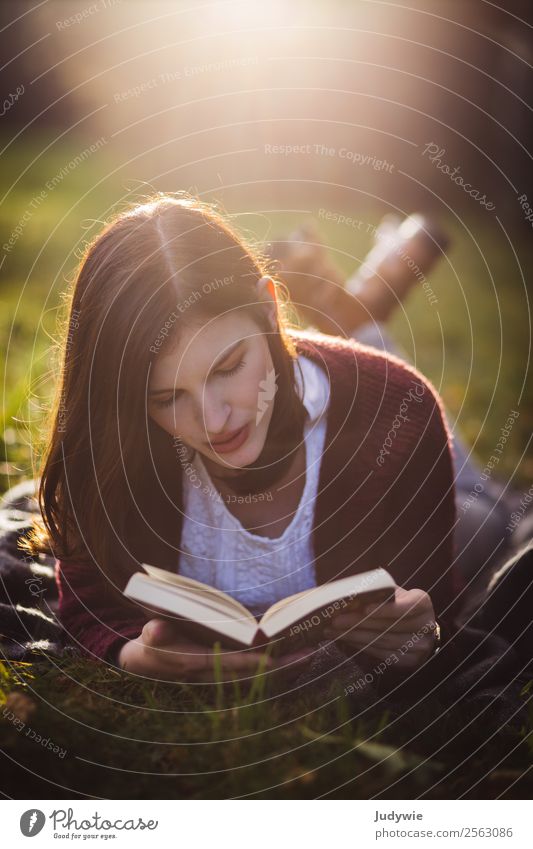 Versunken Wohlgefühl Zufriedenheit Erholung ruhig Freizeit & Hobby lesen Mensch feminin Junge Frau Jugendliche Erwachsene 18-30 Jahre Umwelt Natur Herbst