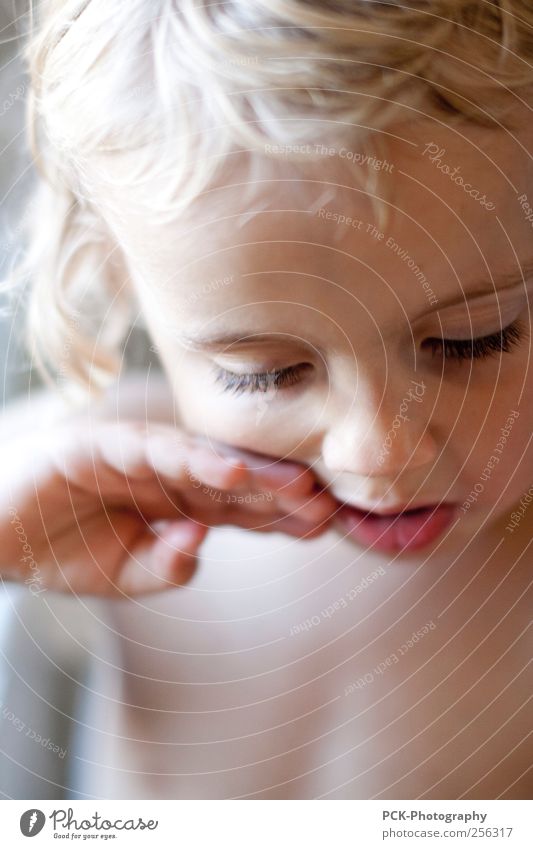 Lecker im Mund Kind Kleinkind Mädchen 1 Mensch 1-3 Jahre Gefühle Verschwiegenheit Kindheit Wimpern blond Hand Schwache Tiefenschärfe Porträt Oberkörper