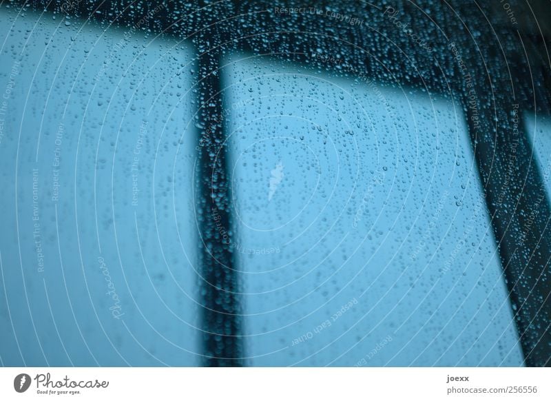 Fenster klopfen Himmel schlechtes Wetter Regen dunkel nass blau schwarz Wassertropfen Tropfen Farbfoto Gedeckte Farben Innenaufnahme Detailaufnahme Menschenleer