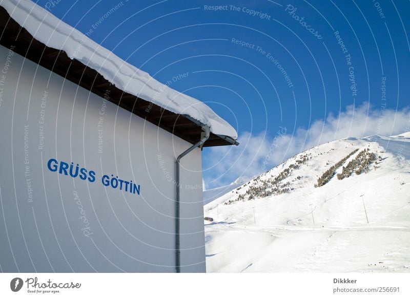 Grüss Göttin Ferien & Urlaub & Reisen Tourismus Winter Schnee Winterurlaub Berge u. Gebirge Haus Wintersport Skipiste frieren Emanzipation Gruß Farbfoto