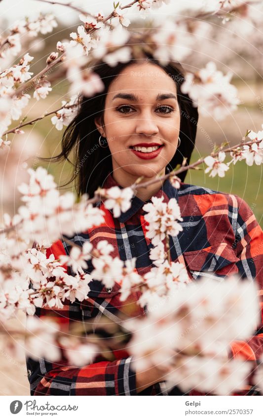 Brünettes Mädchen in der Nähe eines Mandelbaums mit vielen Blumen Stil Glück schön Gesicht Garten Mensch Frau Erwachsene Natur Baum Blüte Park Mode brünett