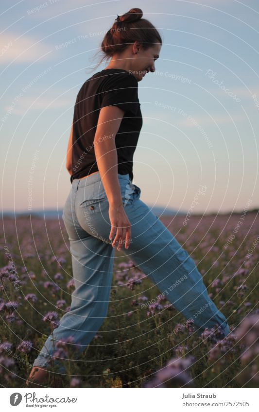 Wiese Blumen Frau Himmel Erwachsene 1 Mensch 30-45 Jahre Natur Landschaft Sonnenlicht Sommer Gras Feld T-Shirt Jeanshose brünett Zopf entdecken Erholung Lächeln