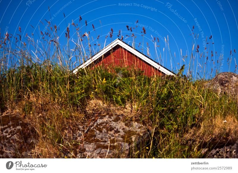 Giebel falunrot Felsen Ferien & Urlaub & Reisen Fischerhütte Haus Himmel Himmel (Jenseits) Holz Holzhaus Hütte kate Landschaft Lofoten maritim Natur nordisch