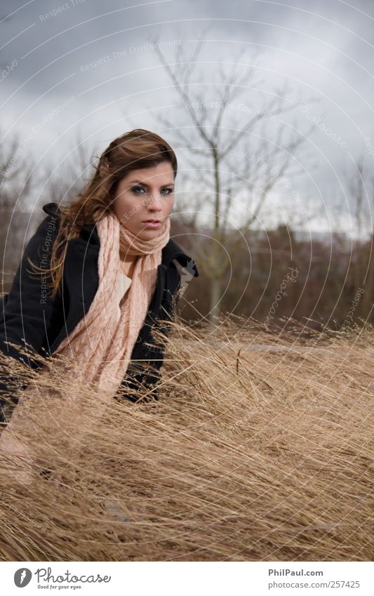 Wind feminin Junge Frau Jugendliche 1 Mensch 18-30 Jahre Erwachsene Landschaft Luft Wolken Herbst Wetter Unwetter Sturm Gras Jacke Schal brünett langhaarig