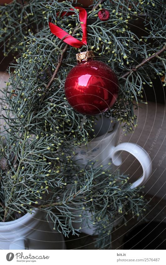 Nostalgische Weihnachtsdekoration mit zarten Tannenzweigen, roter Kugel und Vasen auf altem Tisch. Rote Weihnachtskugel hängt glänzend an Zweigen. Leuchtende Christbaumkugel aufgehängt an Ästen in alten weissen, nostalgischen Kannen aus Porzellan zuhause.