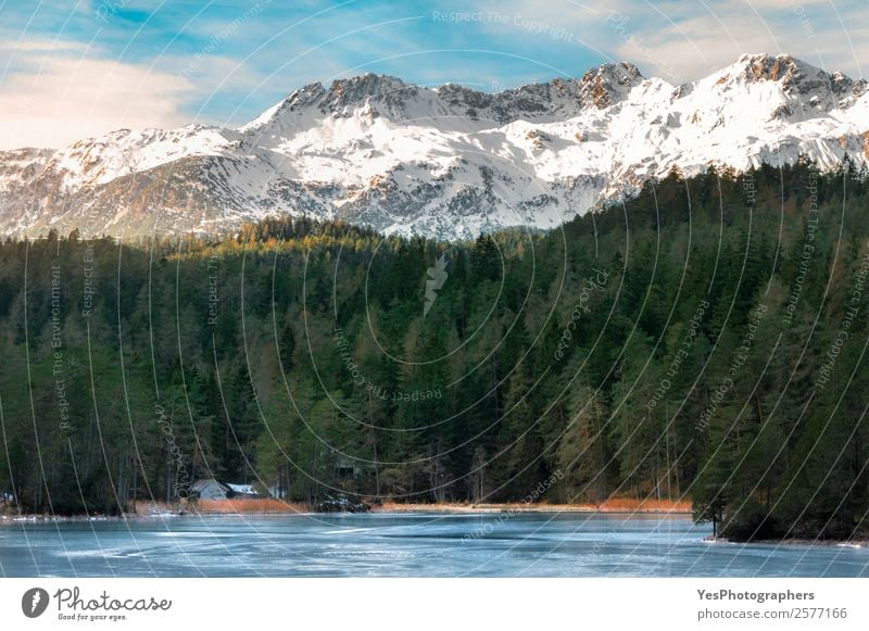 Schneebedeckte Berge und zugefrorener See Tourismus Winter Winterurlaub Berge u. Gebirge Natur Landschaft Wetter Schönes Wetter Eis Frost Felsen Alpen Gipfel