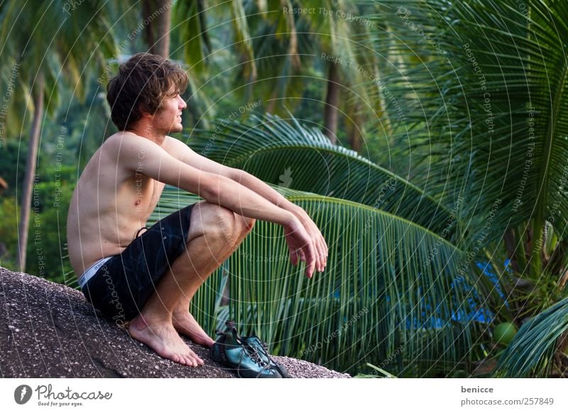 rocked Mann Mensch Jugendliche sitzen Klettern Erholung Zufriedenheit Natur wandern Denken nachdenklich Spiritualität einfühsam Wald Sommer Europäer caucasian