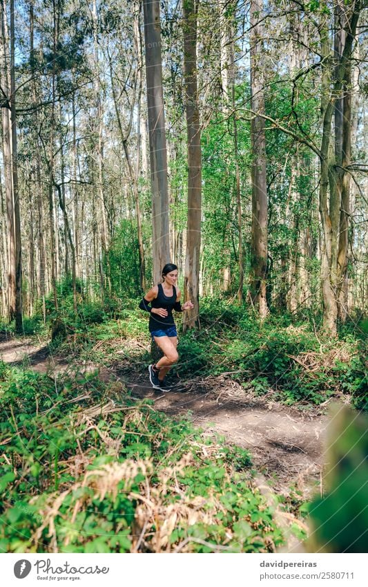 Junge Frau auf Spurensuche Lifestyle Abenteuer Sport Mensch Erwachsene Natur Baum Wald Wege & Pfade Turnschuh Fitness genießen authentisch Geschwindigkeit