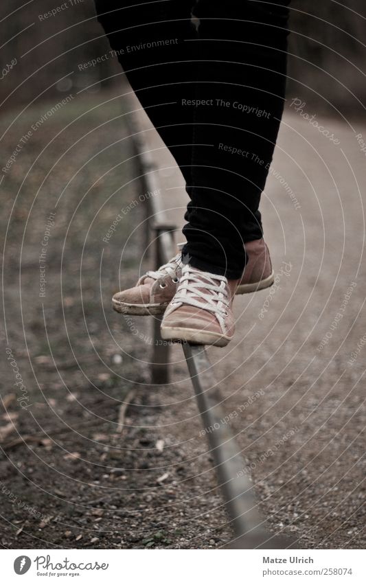 Let's chill on this fence Lifestyle elegant Spielen Mädchen Junge Frau Jugendliche Beine Fuß Umwelt Natur Sand Herbst Park Hose Jeanshose Stoff Schuhe Turnschuh