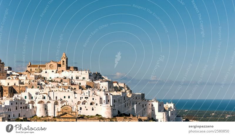 Panoramablick auf das weiße Dorf Ostuni im Salento Lifestyle elegant exotisch Fahrradfahren Schwimmen & Baden Joggen wandern Umwelt Natur Landschaft Küste