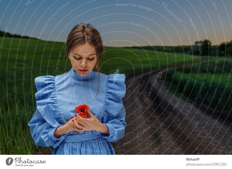 Ich schaue mir den roten Mohn an. Mensch Junge Frau Jugendliche Erwachsene Natur Pflanze Himmel Blume Straße Mode Kleid Ohrringe Streifen stehen blau grün