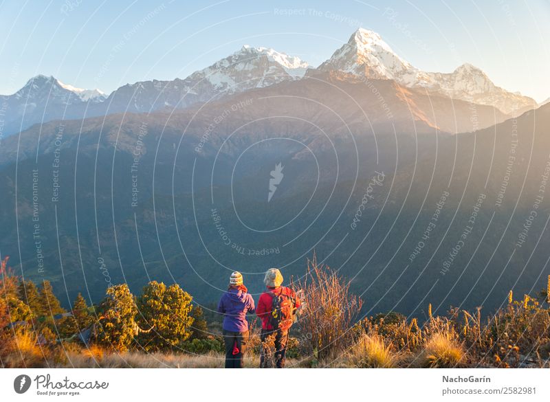 Wanderer genießen den Sonnenuntergang in den Bergen des Himalaya. Ferien & Urlaub & Reisen Tourismus Abenteuer Freiheit Expedition Schnee Berge u. Gebirge