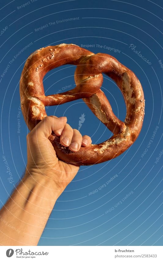 Hoch lebe die Brezel. Teigwaren Backwaren Brot Feste & Feiern Oktoberfest Mann Erwachsene Hand Finger Himmel Wolkenloser Himmel wählen festhalten genießen