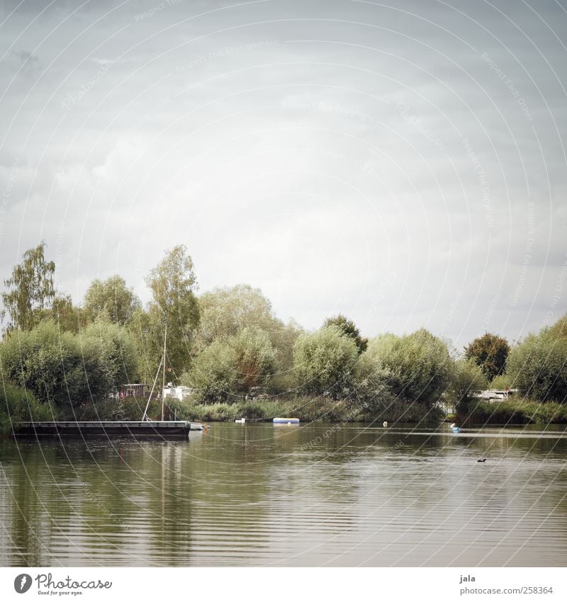 see Umwelt Natur Landschaft Pflanze Himmel Wolken Sommer Herbst Baum Sträucher Grünpflanze Wildpflanze See Ruderboot natürlich blau grau grün Steg Farbfoto