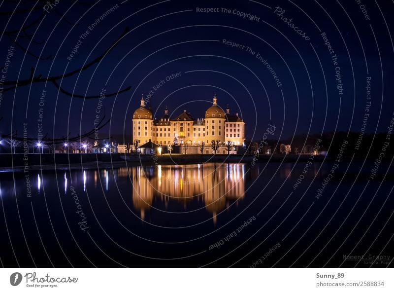 Moritzburg bei Nacht Stadt bevölkert Burg oder Schloss Turm Tor Bauwerk Gebäude Architektur Fassade Sehenswürdigkeit Wahrzeichen Denkmal Wasser