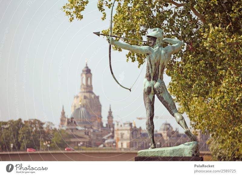 #A# Dresdner Schütze Kunst ästhetisch Dresden Bogenschütze Statue Plastikfigur Sachsen Elbufer Frauenkirche Renaissance Barock Farbfoto Gedeckte Farben