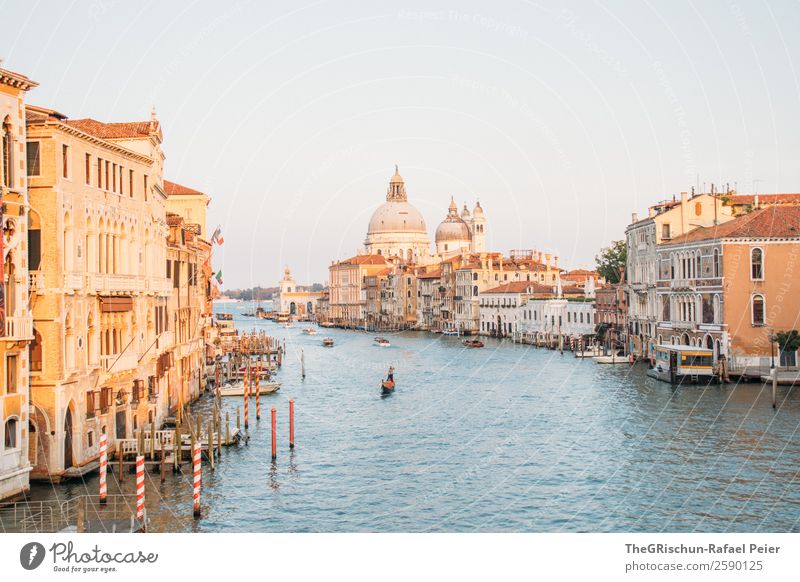 Canal Grande Kleinstadt Hafenstadt Stadtzentrum blau braun gelb Venedig Italien Wasser Stimmung Reisefotografie Wasserfahrzeug Steg Farbfoto Außenaufnahme