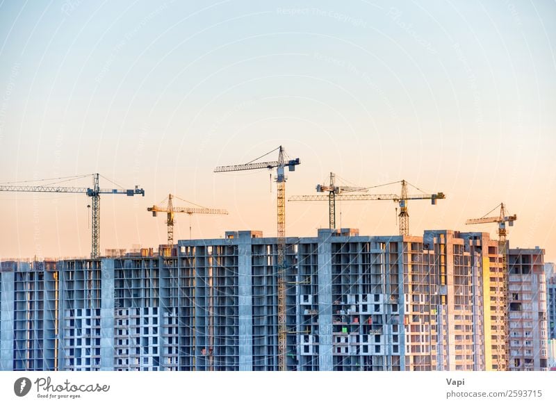 Baustelle mit Baukränen Haus Hausbau Arbeit & Erwerbstätigkeit Arbeitsplatz Industrie Business Maschine Baumaschine Technik & Technologie Himmel Sonne